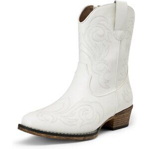 ⚡Women's White Faux Leather Cowboy Embroidered Stitched Chunky Heel Ankle Boots